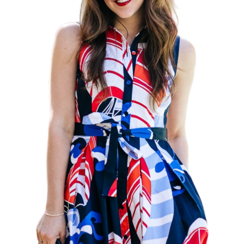Modern Sailboat Cruise Shirtdress Crisp Collar Button Down Midi Belt Classic 10